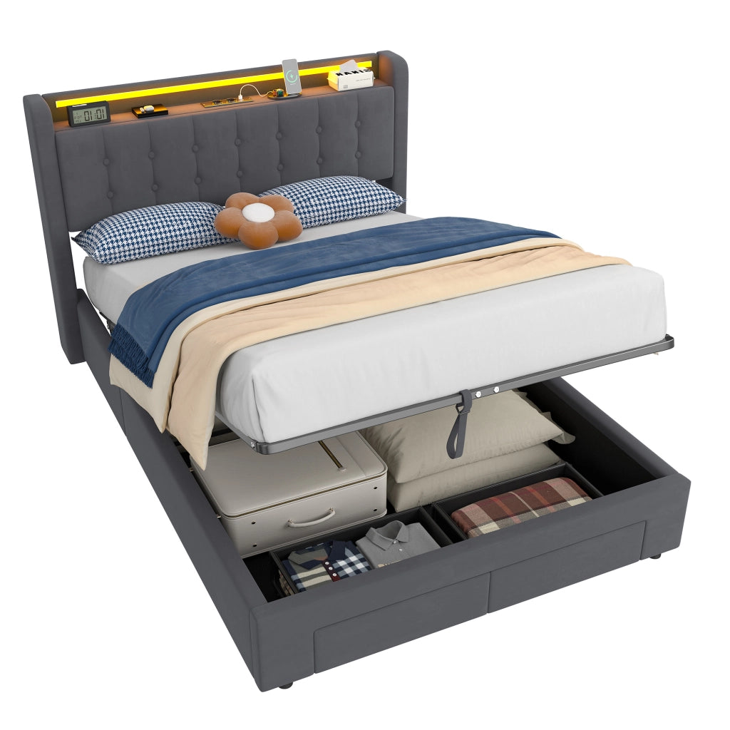 Letto imbottito 140x200 cm in velluto con LED, 2 cassetti e porte USB