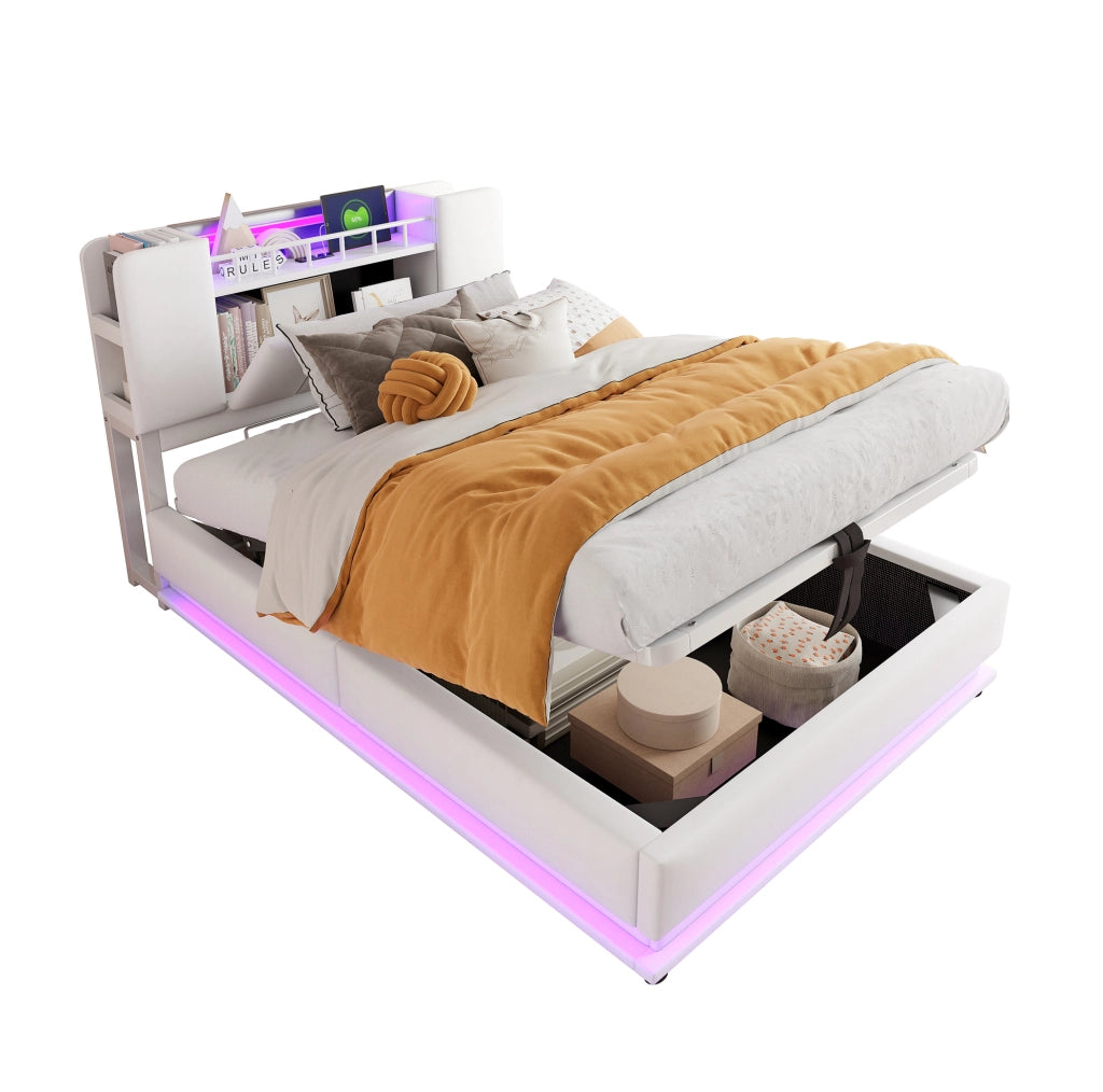 Letto imbottito per bambini 90x200 cm con LED, USB e contenitore idraulico, beige