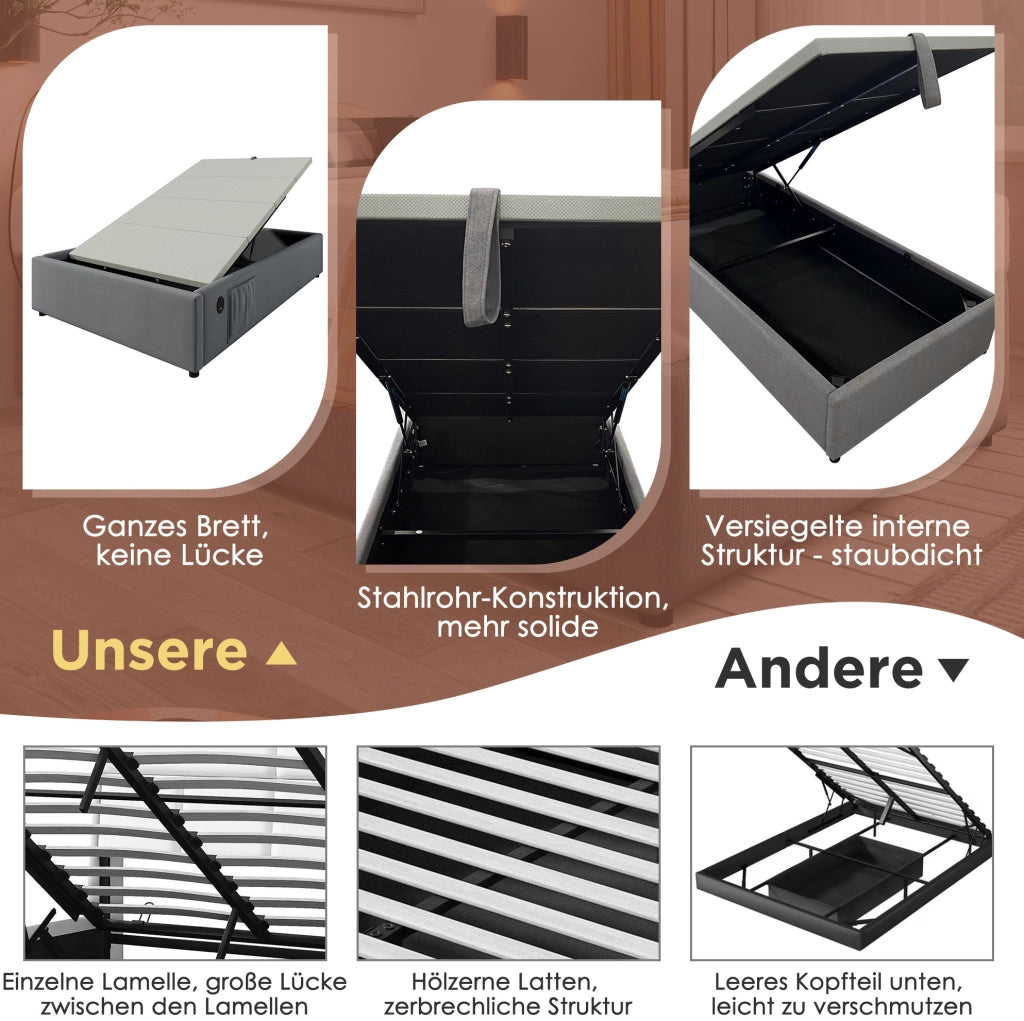 LETTO contenitore 90x200 cm con USB e Type-C tessuto grigio