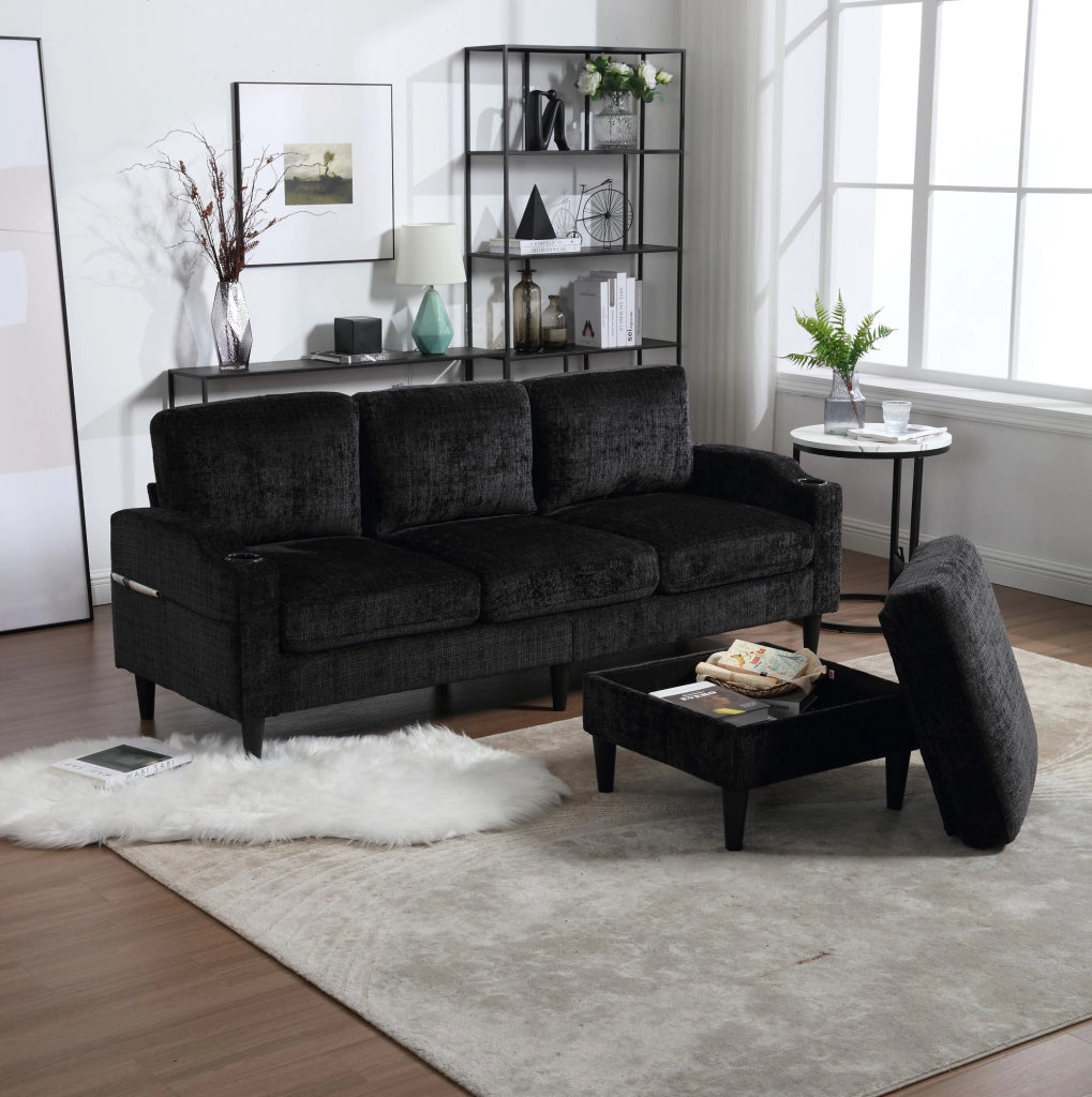 DIVANO 4 POSTI CON POUF CONTENITORE 196,5x75x77 cm CHENILLE NERO