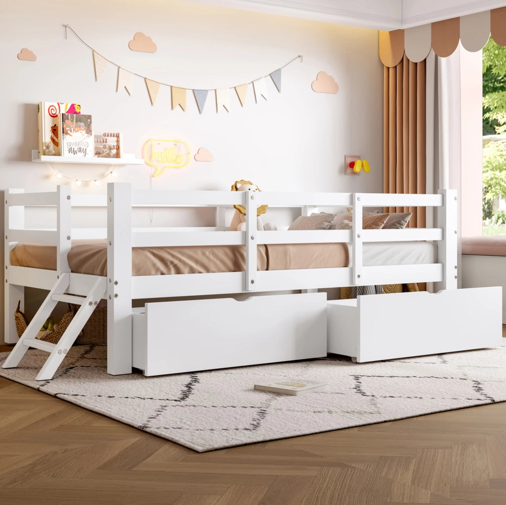 Letto a piattaforma 90x200 cm con sponde; 2 cassetti; MDF e compensato; bianco