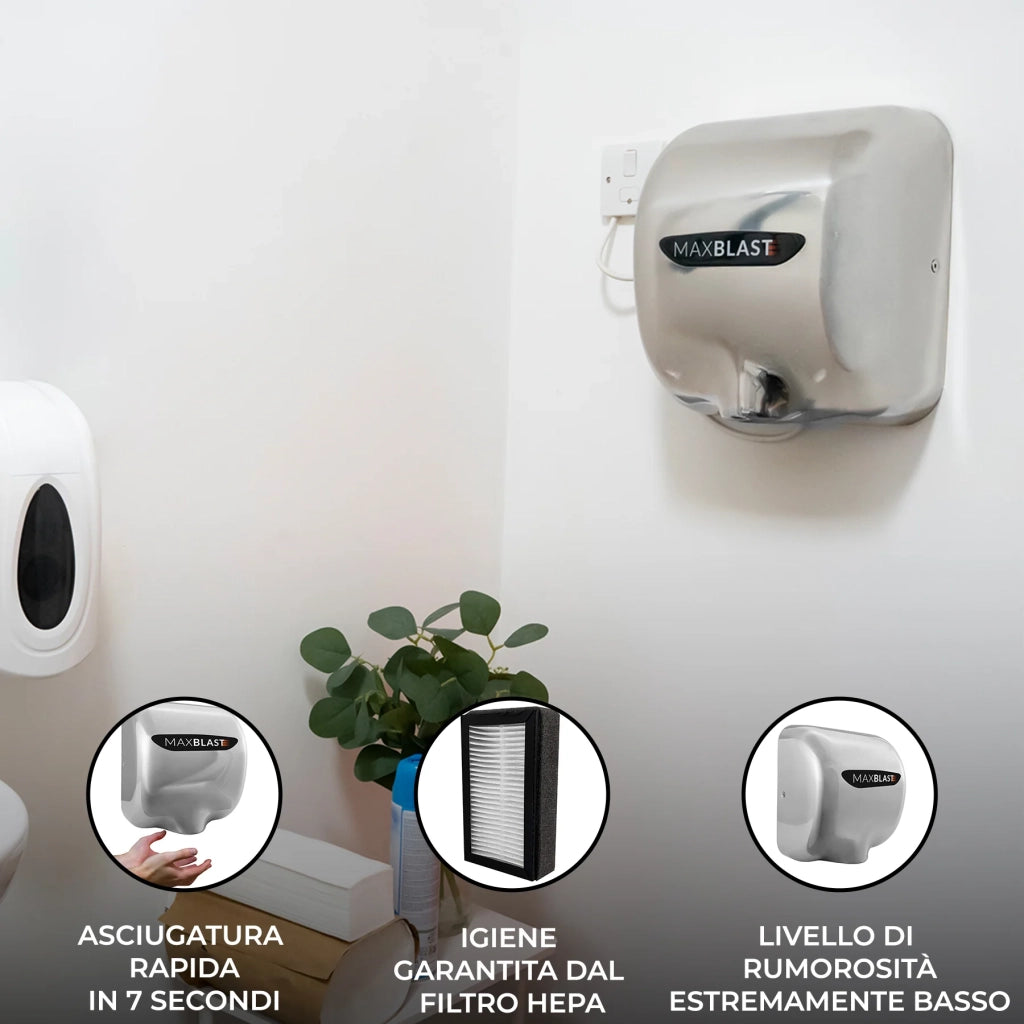 Asciugamani Elettrico Automatico HEPA Aria Calda a Parete 1900W con Fotocellula