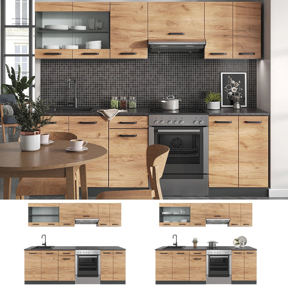 Mobile da cucina R-Line Rovere dorato/Antracite 240 cm, PL Fantasia nera Vicco