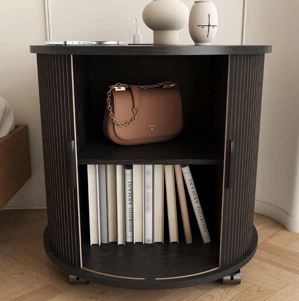 Comodino cilindrico 60x60x60 cm con presa AC e 2 USB in MDF nero