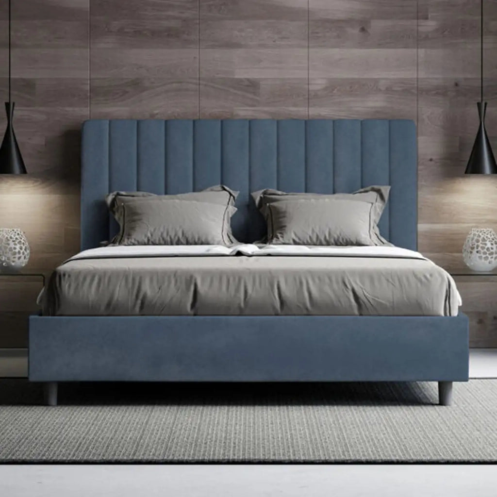 Letto matrimoniale senza rete imbottito 160x190 microfibra blu Agueda