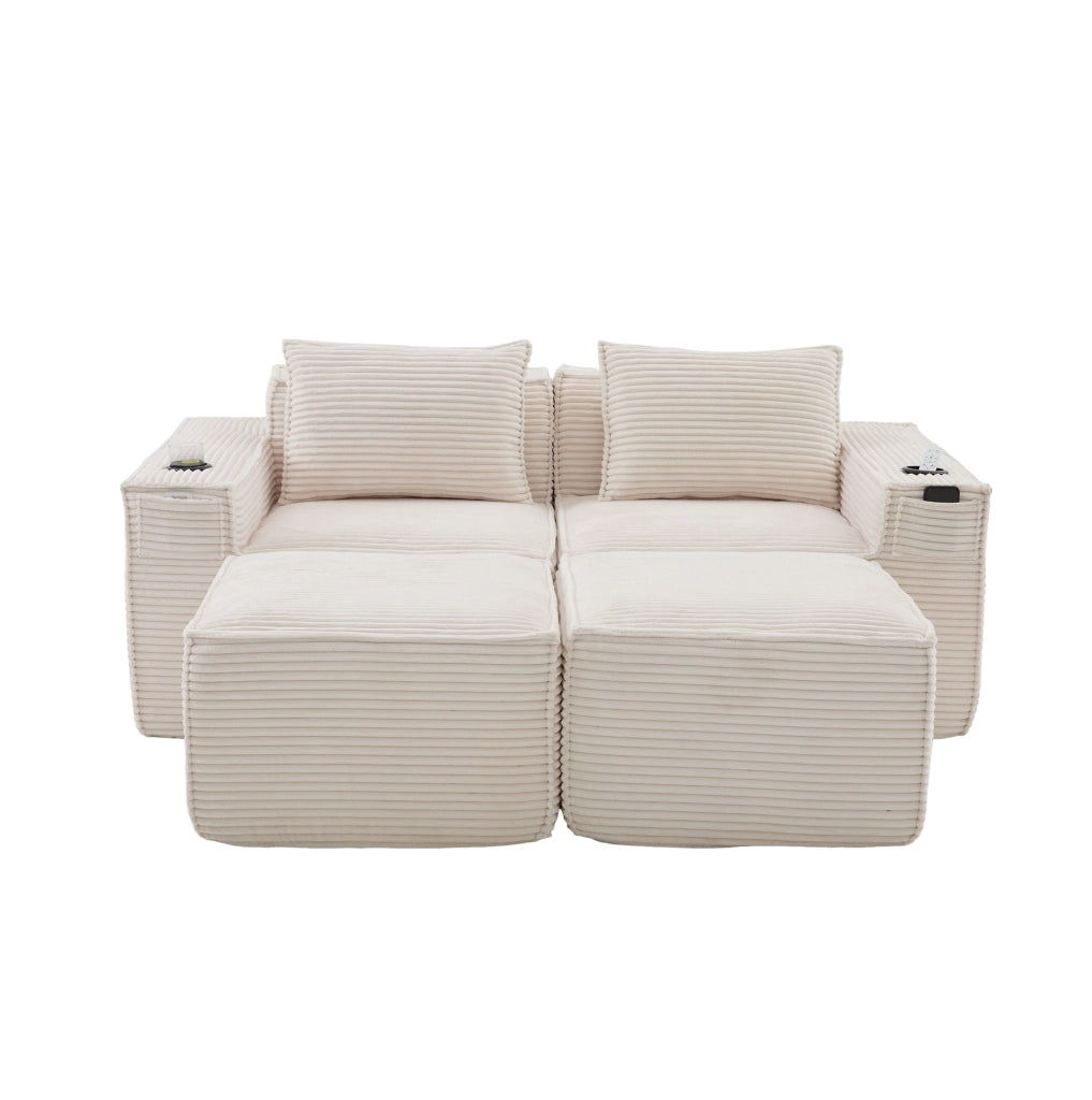Divano modulare 2 posti corduroy con pouf, porta bicchieri e tasche, beige