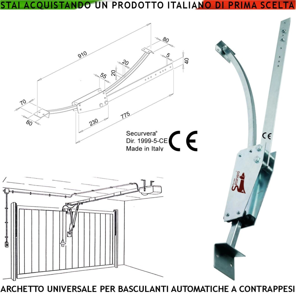 Adattatore Braccio Oscillante Archetto Porte Basculanti a Contrappesi di Qualsiasi Marca e Tipo in Acciaio Zincato Sopporta Fino a 200 Kg Evita Oscillazioni e Flessioni Laterali Dimensioni L910XS80 mm