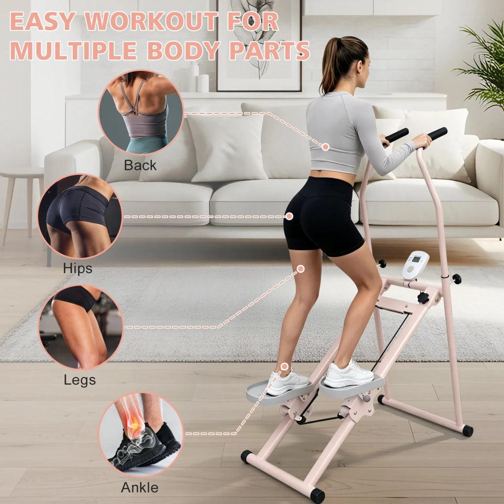 Stepper pieghevole verticale per cardio e allenamento totale, con manubrio, rosa e bianco