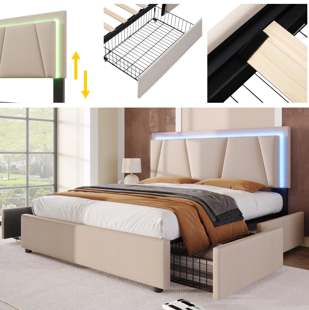 LETTO 160x200 cm Beige con LED, 4 cassetti e materasso incluso
