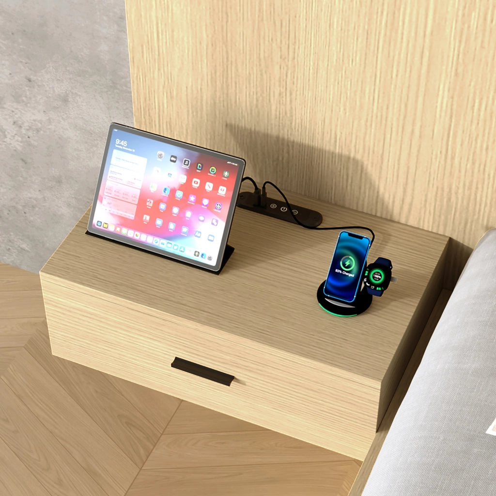 Letto matrimoniale in legno con USB, LED e 2 comodini, 180x200 cm, quercia chiara