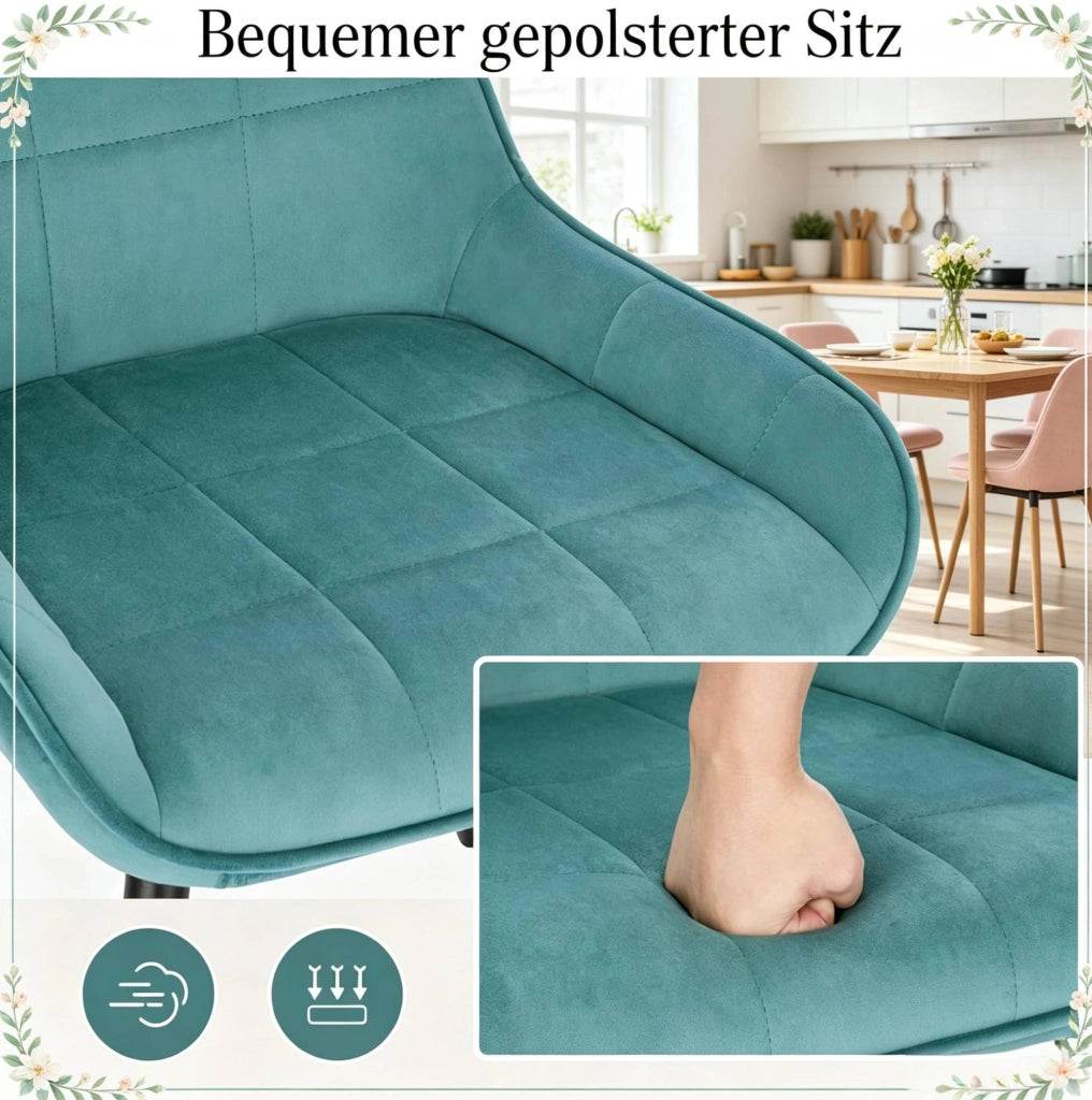 SEDIA Imbottita in Velluto Turchese Set da 4 pezzi, 81,5 cm