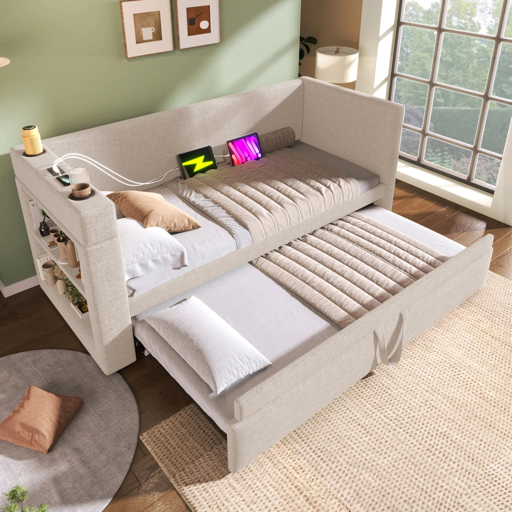 Letto singolo con letto estraibile beige 90x190 cm