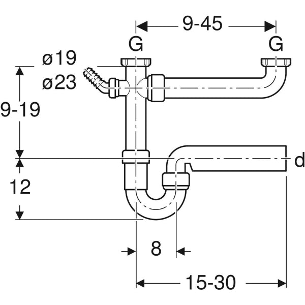 Sifone bianco curvo Geberit per due lavelli, con portagomma a gomito, extra-lungo, scarico orizzontale  Ø 40 x 11/2