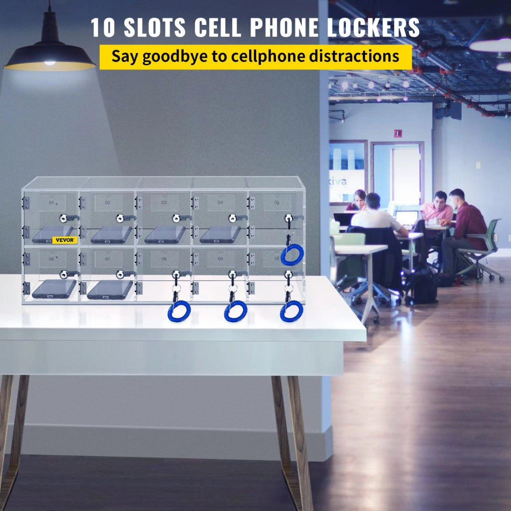 Armadietto per Cellulari a Parete con 10 Scomparti SJG-YKL-10M in Acrilico Trasparente con Serrature e Chiavi per Ufficio e Palestra