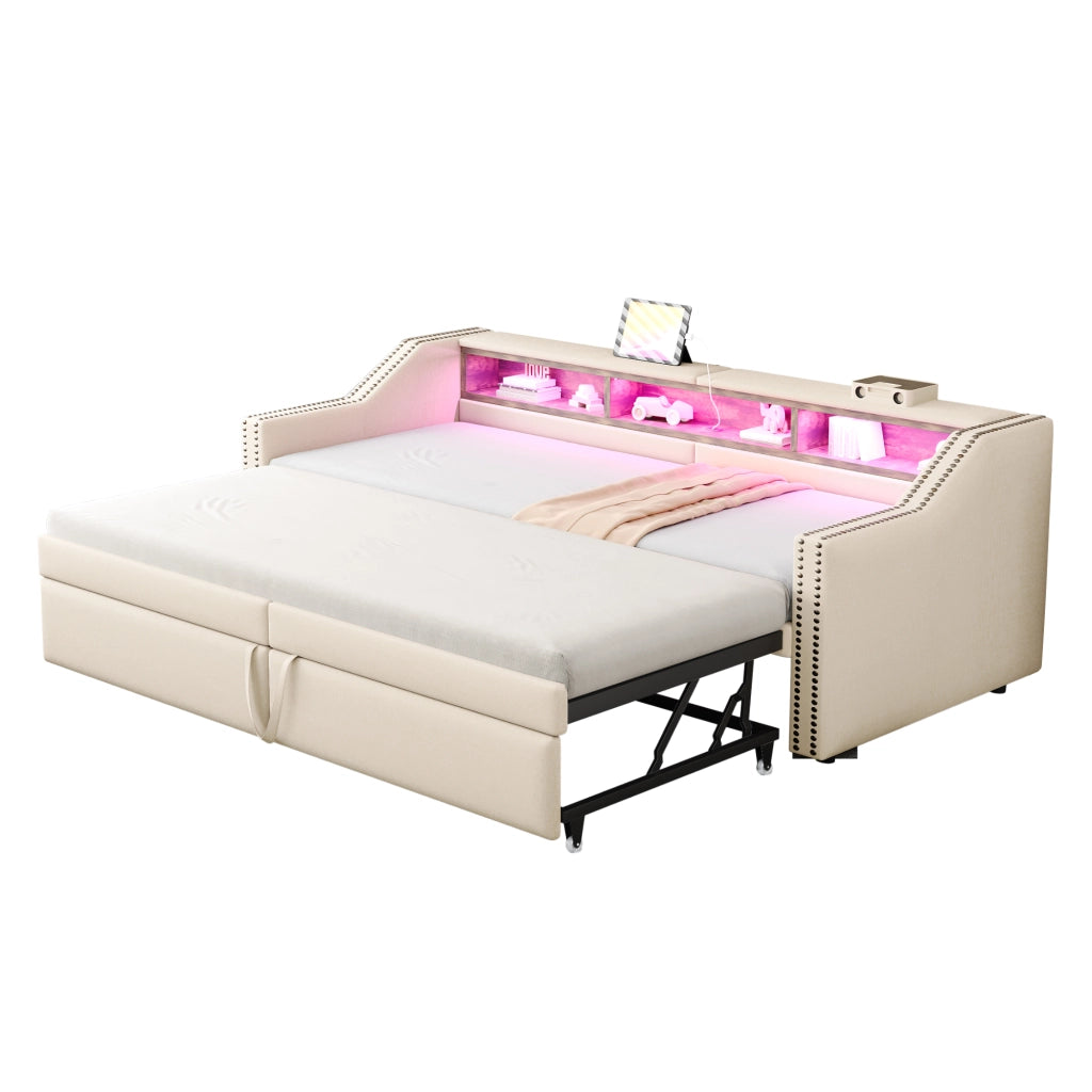 Divano letto imbottito estraibile con rete a doghe e due materassi a molle beige con LED e USB