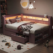 Letto imbottito rosa 90x200 cm con presa USB integrata; luci LED e contenitori
