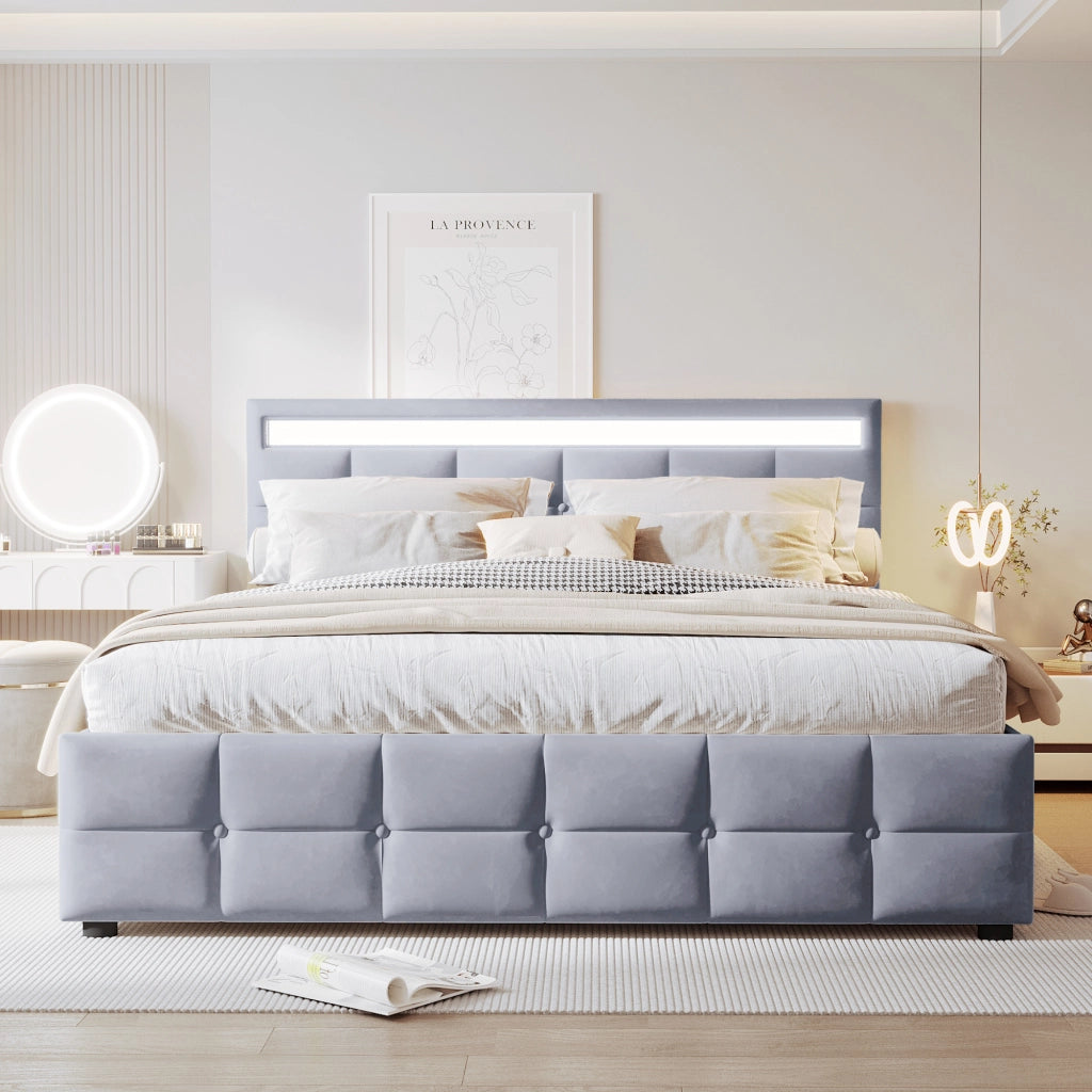 Letto imbottito 180x200 cm con contenitore idraulico e luci LED in velluto olandese grigio