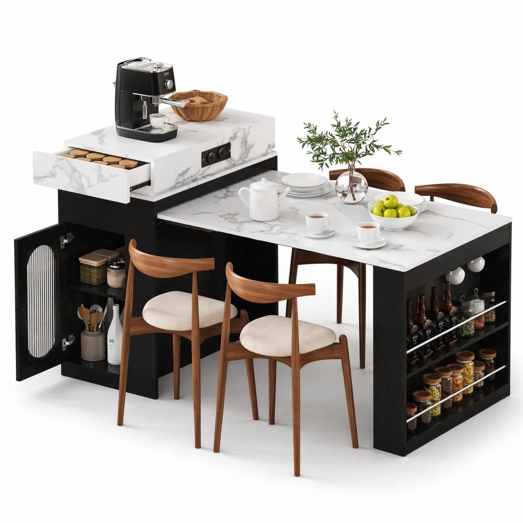 Isola cucina estensibile con prese e contenitore nera