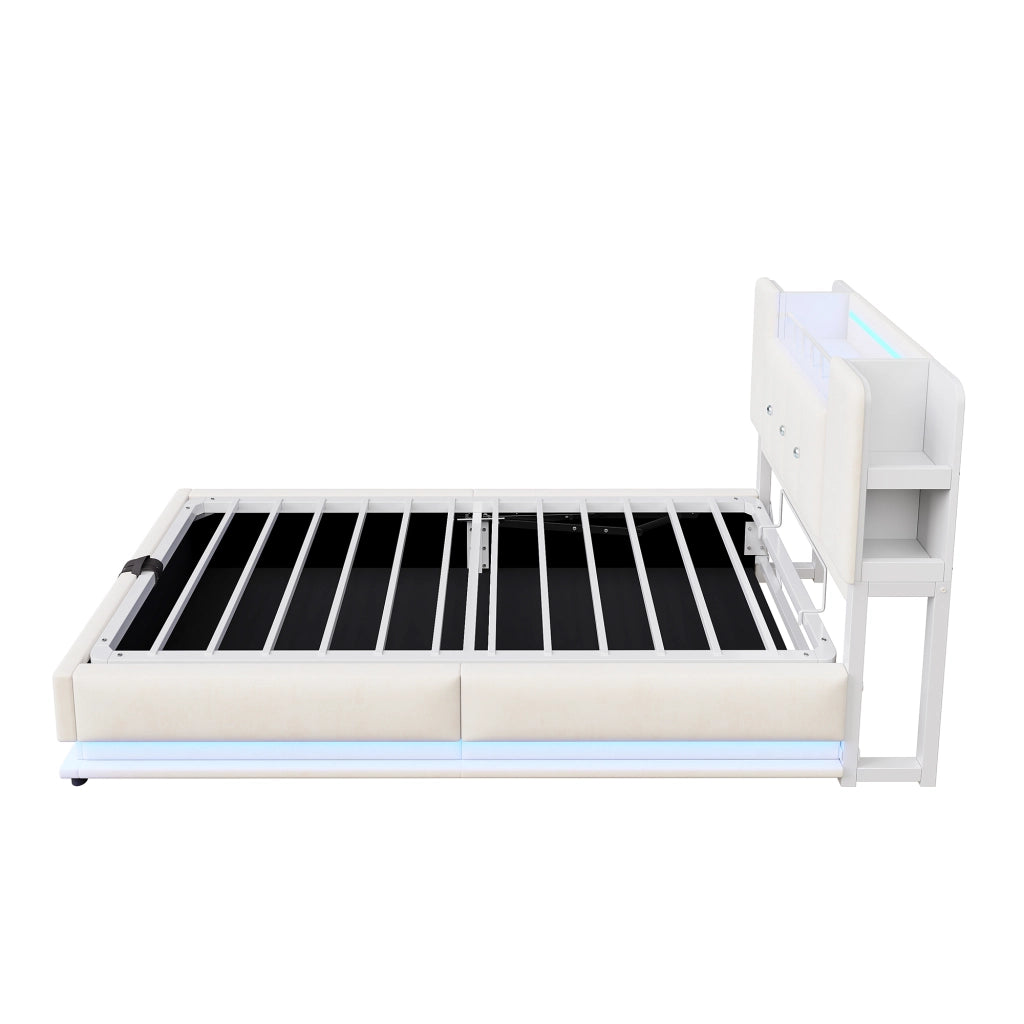 Letto imbottito per bambini 90x200 con LED e contenitore idraulico; velluto beige