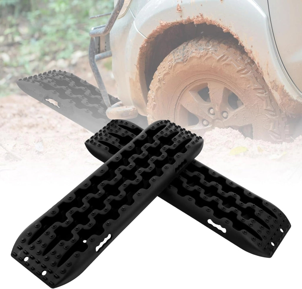 Tappetino di Trazione 2 Pezzi, Carico 10T, Piastre di Trazione per SUV Camper Auto Camion, Tavola di Recupero per Piste Offroad, per Sabbia, Neve, Fango (Nero, 107 x 31 x 7 cm)