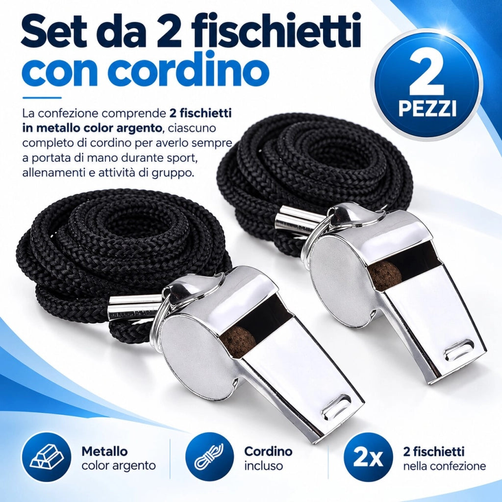 2 Fischietti in Metallo con Cordino Argento – Sport e Campeggio 94465