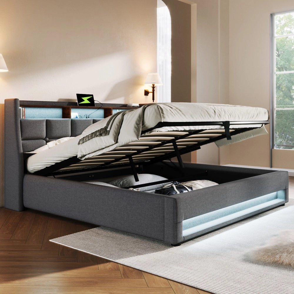 Letto Imbottito Matrimoniale con LED ¨C MINIMAL ¨C Rete a Doghe, Struttura in Metallo e Tessuto, 160x200