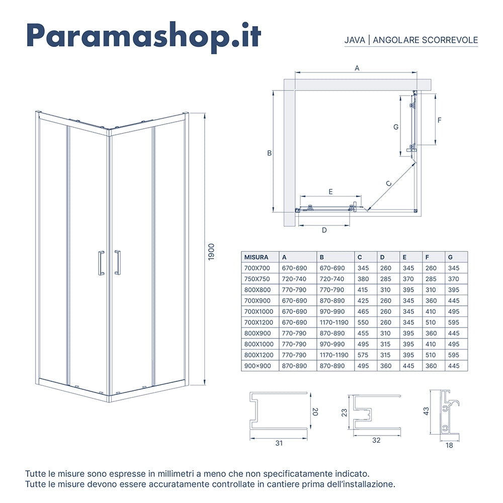 Box doccia 70x90 cm angolare scorrevole cristallo 6mm trasparente h190 | Java