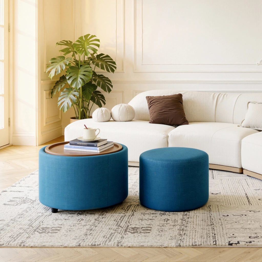 POUF Set da 2 pezzi 58 cm Blu in lino con vassoio in legno