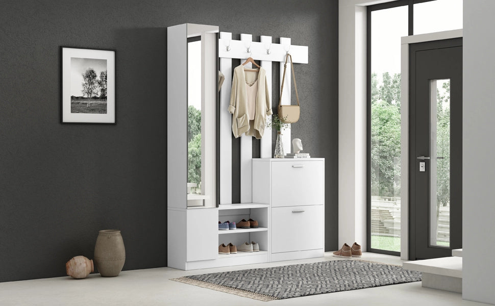 Mobile Ingresso con Specchio e Scarpiera Guardaroba Bianco 135x25x180 cm