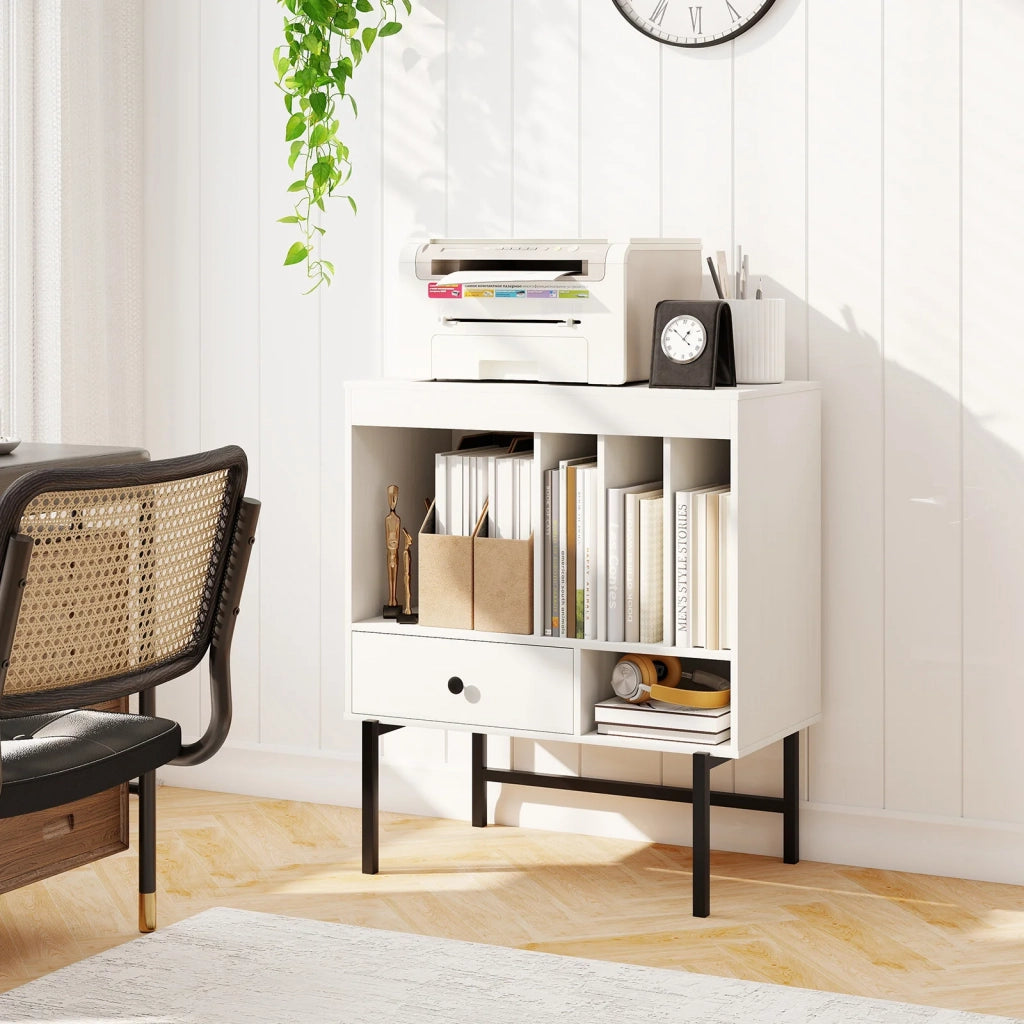 Large Record Player Stand with Open Compartments and Album Holders-White
