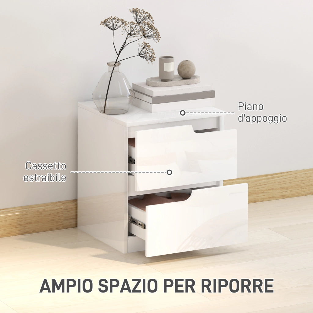 Comodino Moderno in Legno con 2 Cassetti e Design Lucido, 40x40x48 cm, Bianco