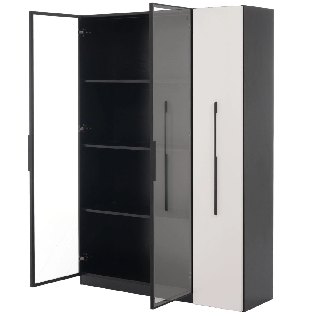Mobile vetrina 110,5x35x160 cm con LED e modulo estraibile in MDF bianco e nero
