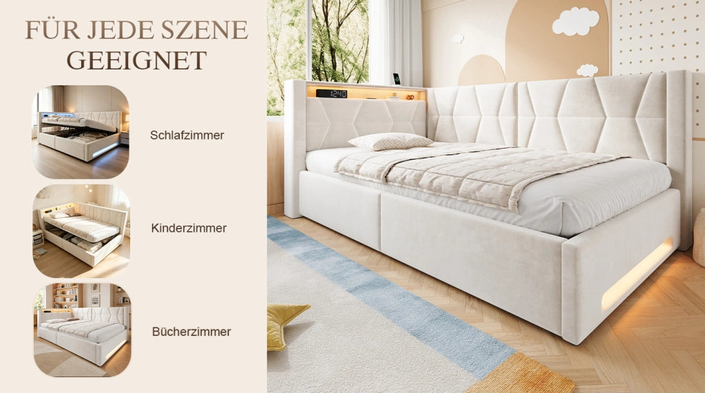 Letto imbottito 90x200 cm con contenitore, LED, USB e Type-C, velluto beige