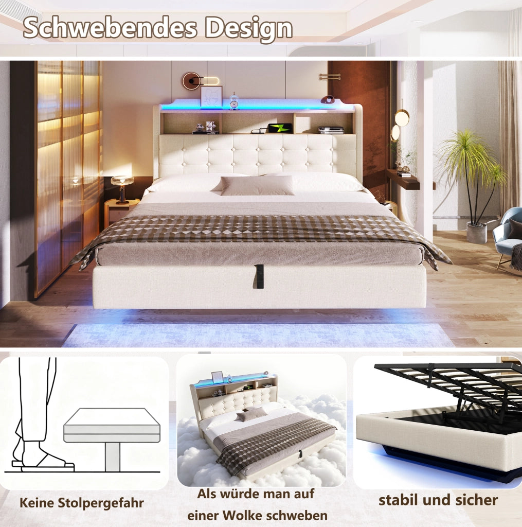 Letto imbottito 180x200 cm in lino beige con LED, contenitore idraulico, USB e Type-C