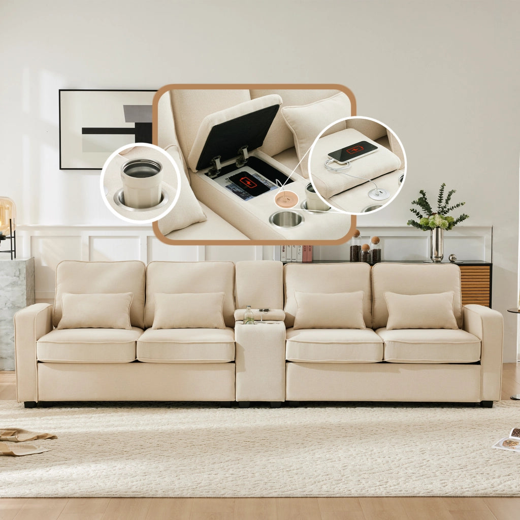 Divano 4 sedili 290x83x88 cm Lino con console; porte 2 USB; portabicchieri e tasche per braccioli - cuscini 4 inclusi - Per soggiorno; ufficio