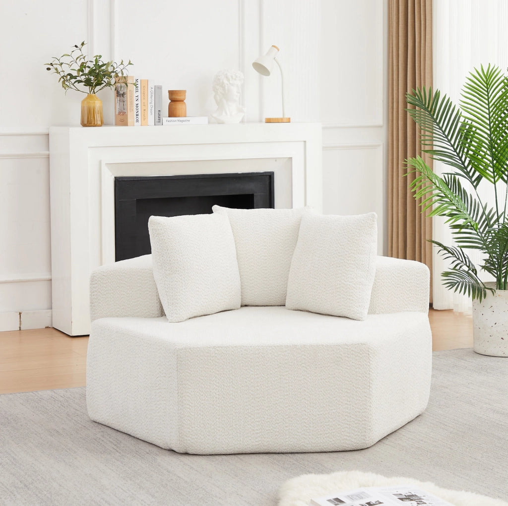 POLTRONA ESAGONALE MODULARE IN CHENILLE BEIGE CON 3 CUSCINI