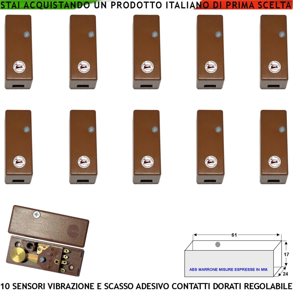 Rilevatore Vibrazioni Continue e Scasso Dieci Pezzi Per Antifurto Via Filo Di Inferriate Porte Allarme Vetrate Martelletto Regolabile Segnale Di Allarme NC Tamper Contenitore Adesivo ABS Marrone IP30