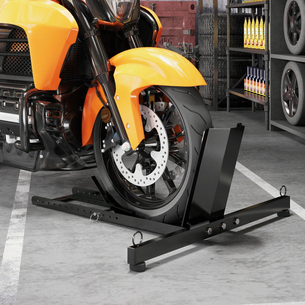Cavalletto Bloccaruote per Moto Staffa Regolabile per Ruote Ø34-84 cm in Acciaio Nero
