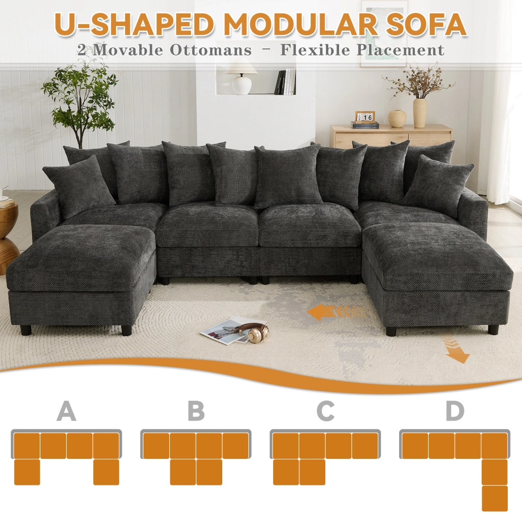 Divano modulare ULEVR 6 posti a U o L con 2 pouf, USB e Type-C, cuscini regolabili, chenille grigio