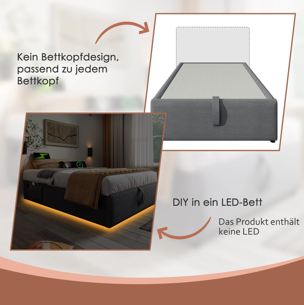LETTO contenitore 90x200 cm con USB e Type-C tessuto grigio