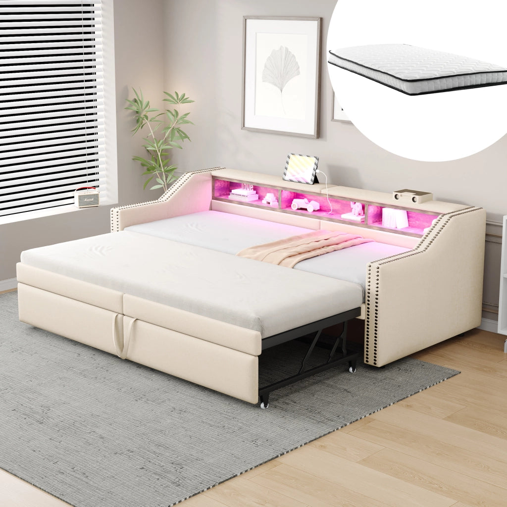 Divano letto imbottito estraibile con rete a doghe e due materassi a molle beige con LED e USB