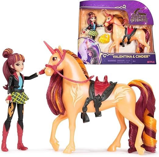 Unicorn Academy, Valentina & Cinder, con 2 Accessori Per l`Equitazione e Strumento per lo Styling dei Capelli,Spin Maste