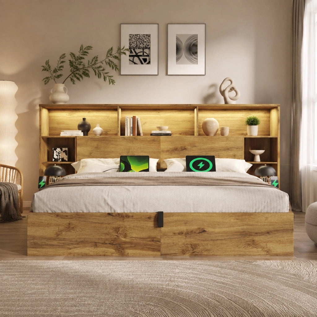Letto matrimoniale con contenitore e rete a doghe legno rovere con comodini LED USB e USB-C