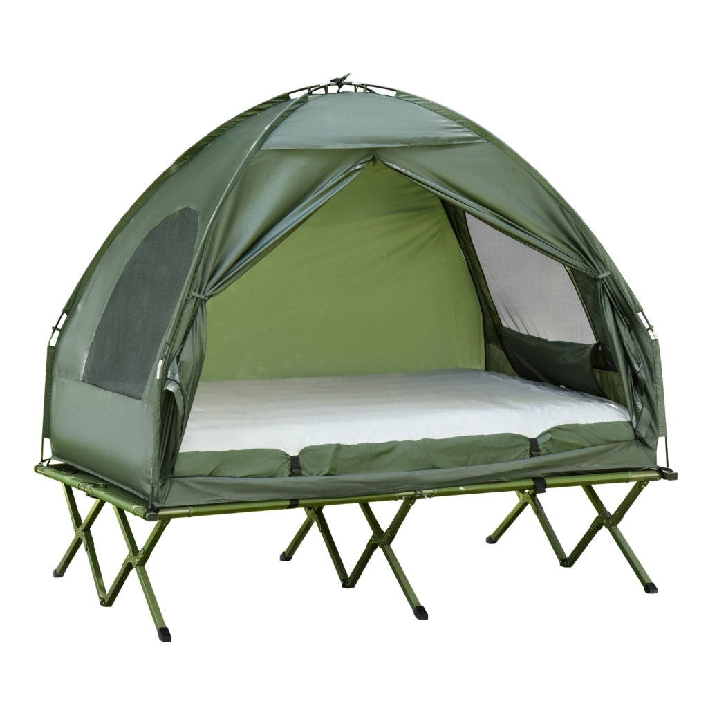 Set da campeggio sopraelevato per 2 persone con tenda, materasso e pompa verde