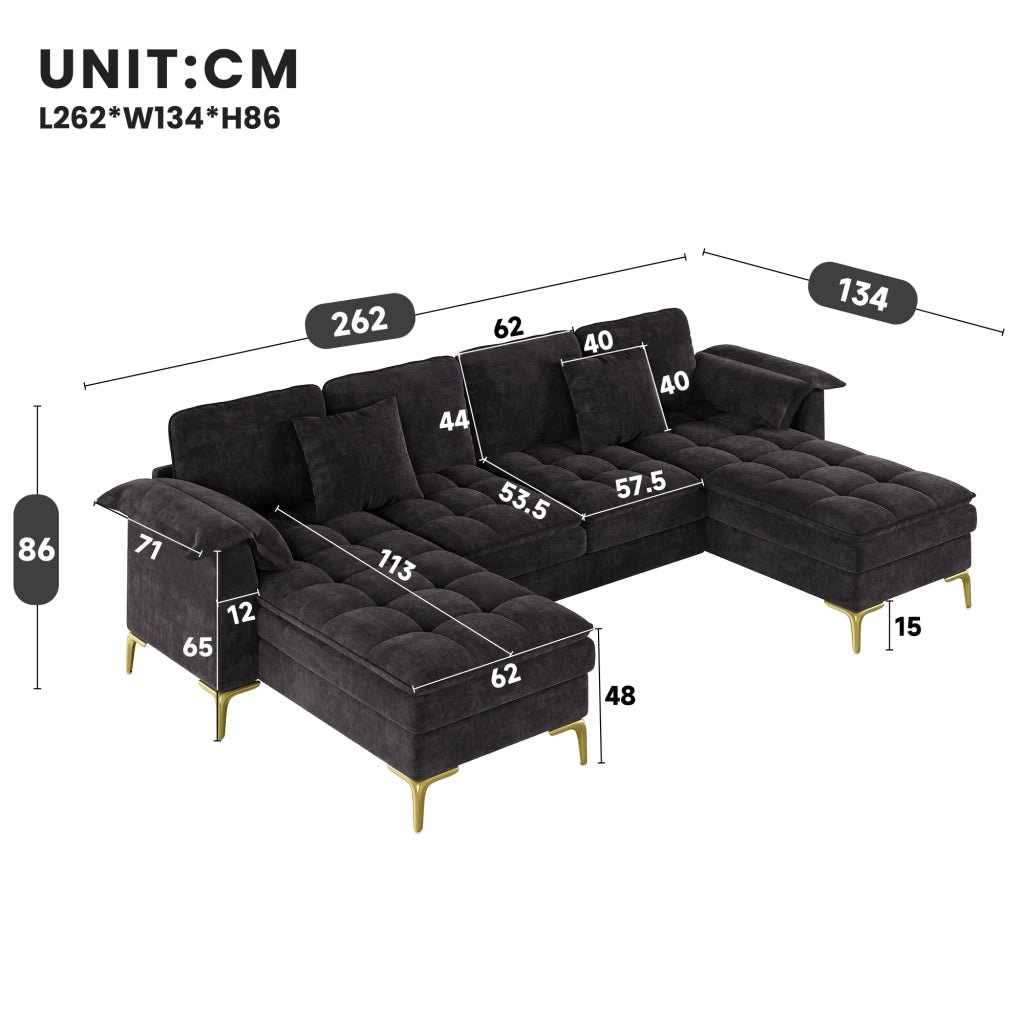 Divano angolare modulare a U 262x134 cm 4-5 posti in chenille nero con 2 cuscini