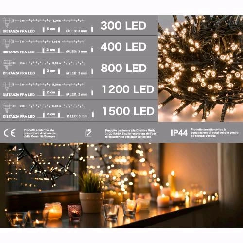 Serie Luci Natale 1200 Micro Led Luce Calda Giochi Luce Filo 26 mt Uso Esterno D3322