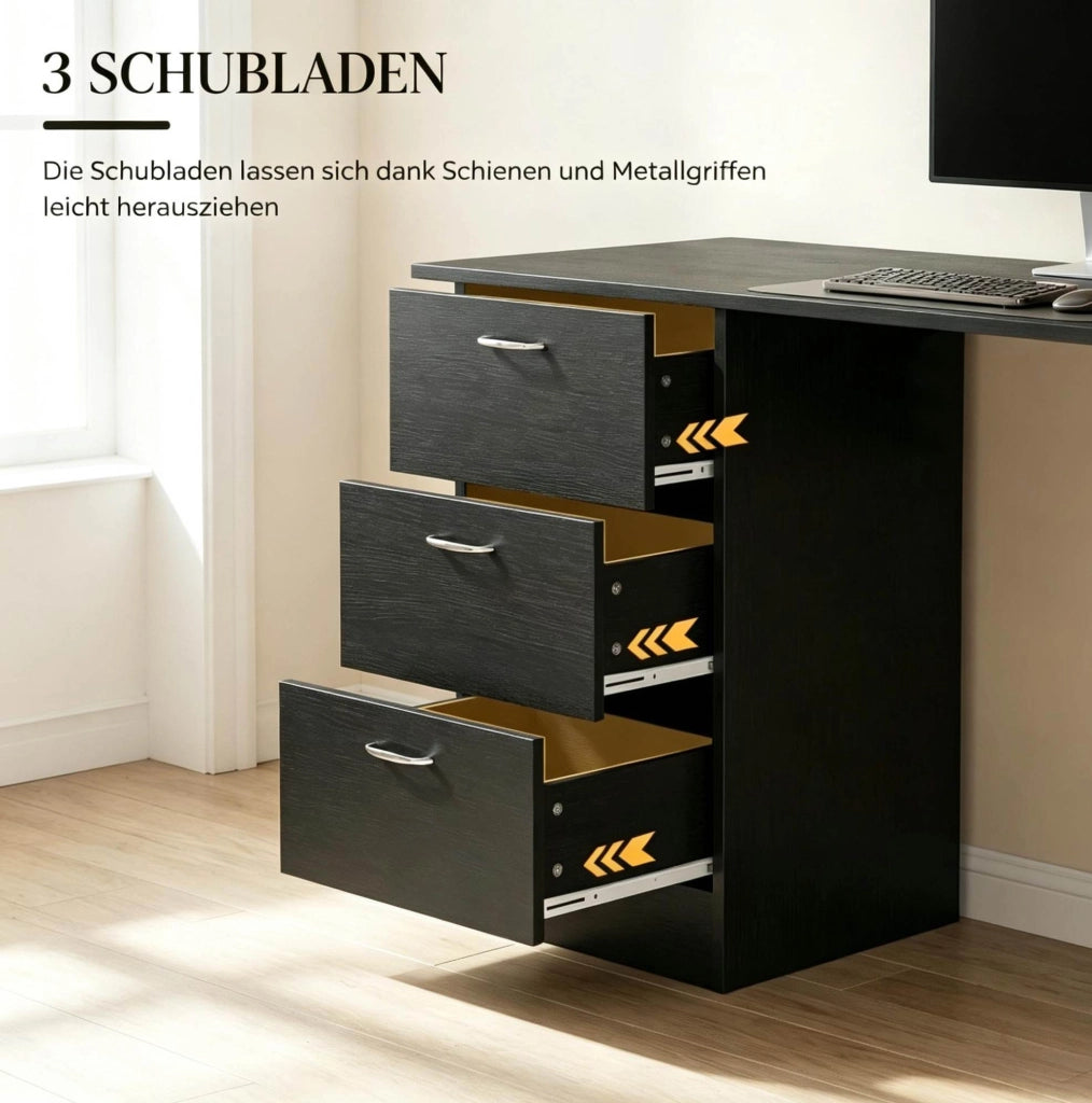 Scrivania per computer in MDF nero 120x49x72 cm con 3 ripiani e 3 cassetti