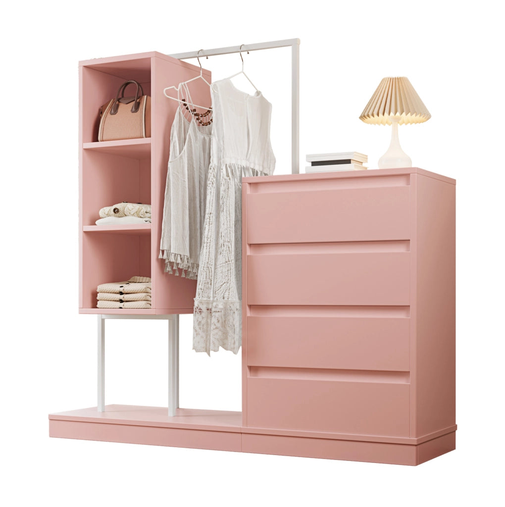 Armadio con cassetti e barra appendiabiti 140x40x135 cm rosa e bianco