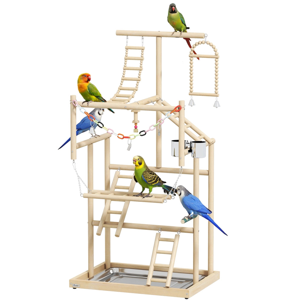 Trespolo per Pappagalli ¨C Xylo ¨C Legno Naturale con Giochi Scale Catene Ciotole Vassoio Posatoi