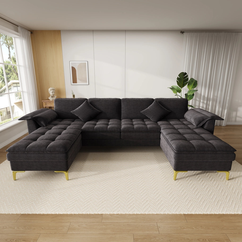 Divano angolare modulare a U 262x134 cm 4-5 posti in chenille nero con 2 cuscini